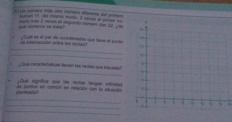 () Un número más otro número diferente del primero 
suman 11, del mismo modo, 2 veces el primer nú- 
mero más 2 veces el segundo número dan 22, ¿de 
qué números se trata? 
¿Cuál es el par de coordenadas que tiene el punto 
_ 
de intersección entre las rectas? 
_ 
_ 
¿Qué características tienen las rectas que trazaste? 
¿Qué significa que las rectas tengan infinidad 
de puntos en común en relación con la situación 
planteada? 
_ 
_ 
48 
_