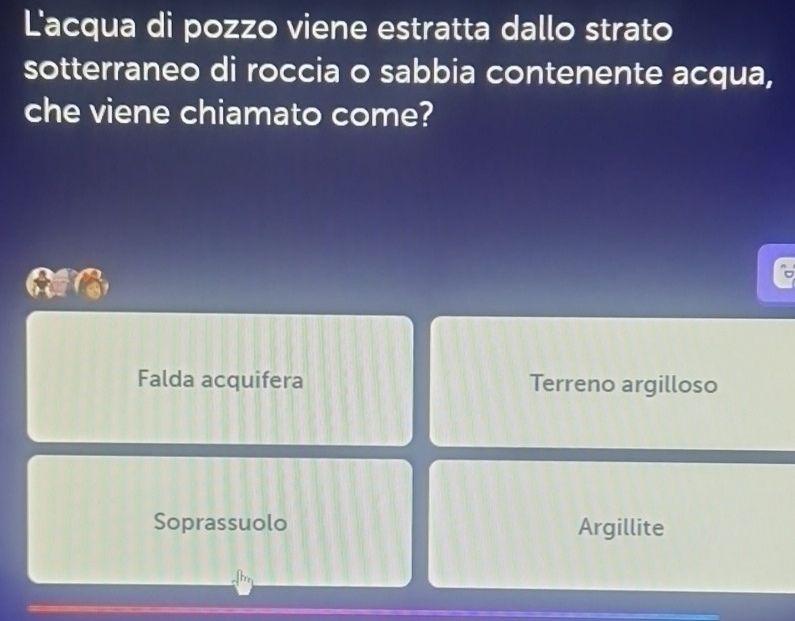 L'acqua di pozzo viene estratta dallo strato
sotterraneo di roccia o sabbia contenente acqua,
che viene chiamato come?
Falda acquifera Terreno argilloso
Soprassuolo Argillite