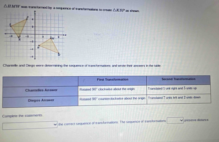△ HMW △ KSP as shown.
Chantelle and Diego were determining the sequence of transformations and wrote their answers in the table.
First Transformation Second Transformation
Chantelles Answer Rotated 90° clockwise about the origin Translated 1 unit right and 5 units up
Diegos Answer Rotated 90° counterclockwise about the origin Translated 7 units left and 2 units down
Complete the statements.
the correct sequence of transformations. The sequence of transformations preserve distance.