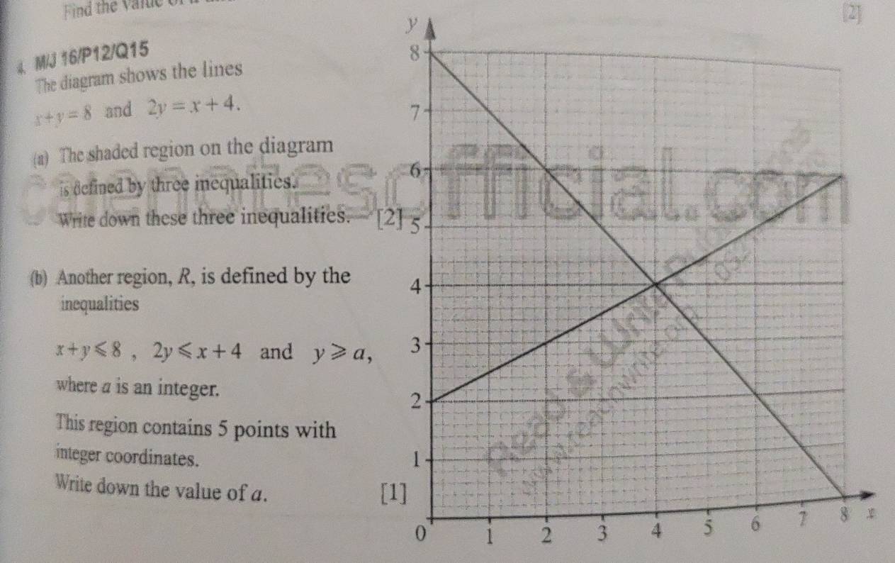 Find the vaile t
y
[2] 
4、 M/J 16/P12/Q15 
The diagram shows the lines
x+y=8 and 2y=x+4. 
(a) The shaded region on the diagram 
is defined by three inequalities. 
Write down these three inequalities.- 
(b) Another region, R, is defined by the 
inequalities
x+y≤slant 8, 2y≤slant x+4 and y≥slant a, 
where a is an integer. 
This region contains 5 points with 
integer coordinates. 
Write down the value of a. 
1 2