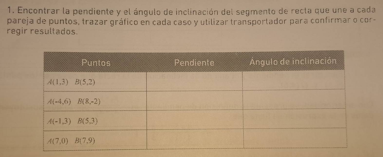 Encontrar la pendiente y el ángulo de inclinación del segmento de recta que une a cada
pareja de puntos, trazar gráfico en cada caso y utilizar transportador para confirmar o cor-
regir resultados.