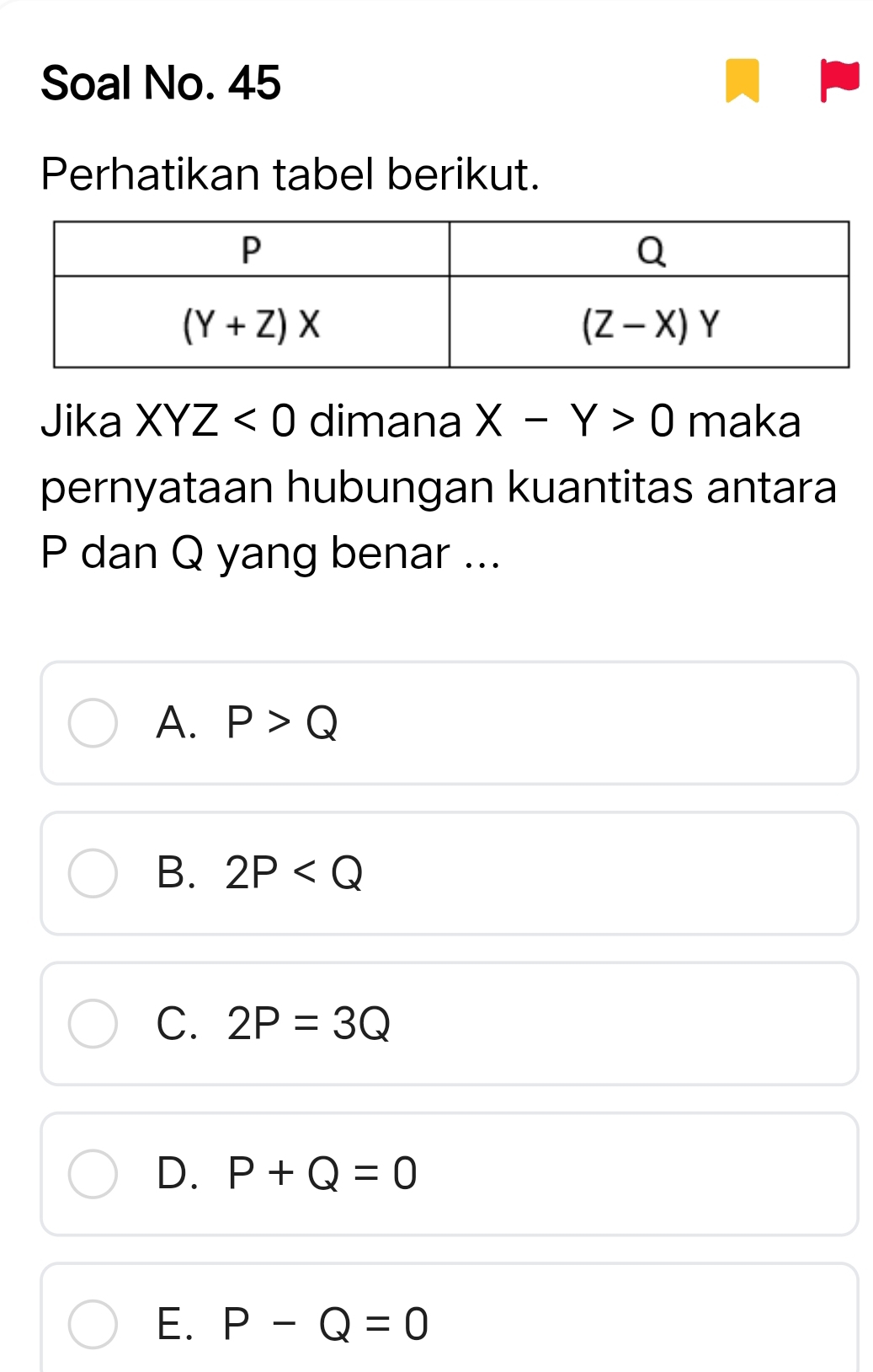 Soal No. 45
Perhatikan tabel berikut.
Jika XYZ<0</tex> dimana X-Y>0 maka
pernyataan hubungan kuantitas antara
P dan Q yang benar ...
A. P>Q
B. 2P
C. 2P=3Q
D. P+Q=0
E. P-Q=0