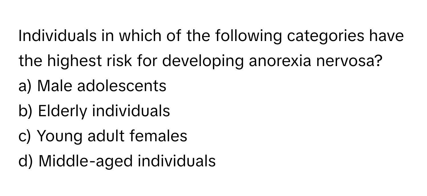 Individuals in which of the following categories have the highest risk for developing anorexia nervosa?

a) Male adolescents 
b) Elderly individuals 
c) Young adult females 
d) Middle-aged individuals