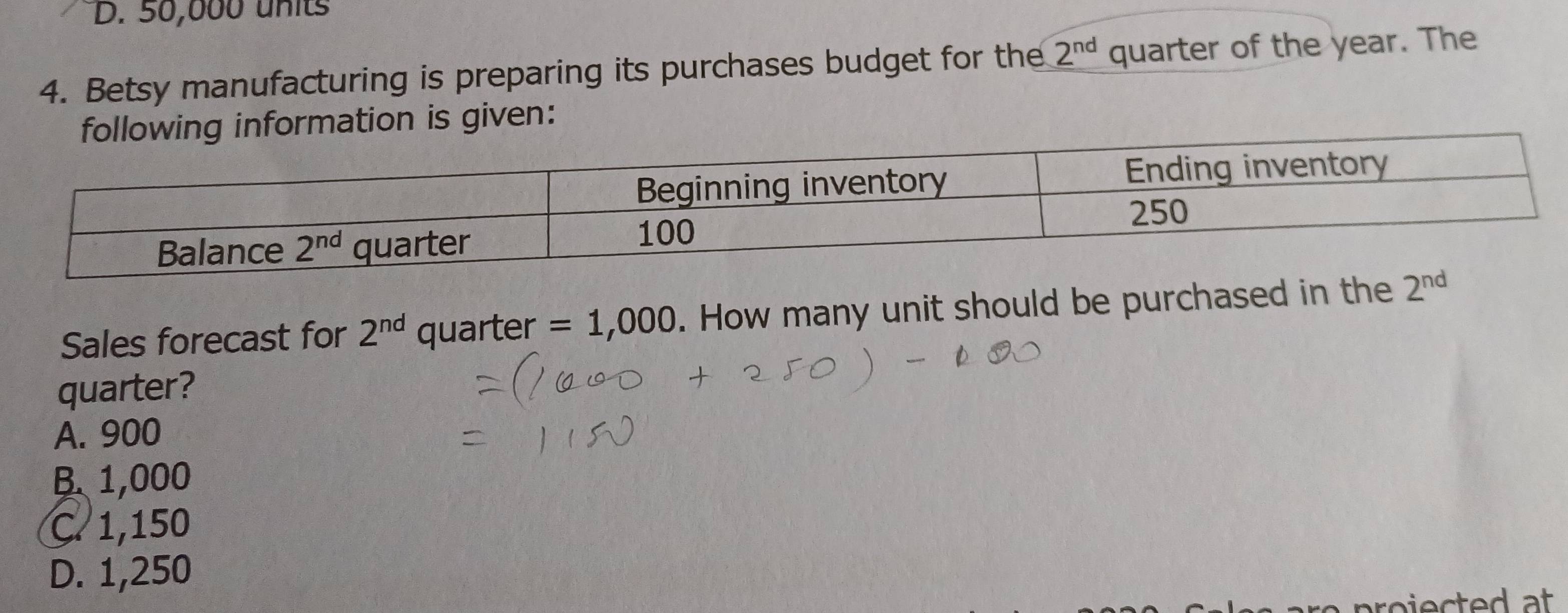 D. 50,000 units
4. Betsy manufacturing is preparing its purchases budget for the 2^(nd) quarter of the year. The
n is given:
Sales forecast for 2^(nd) quarter =1,000. How many unit should be purchased in the 2^(nd)
quarter?
A. 900
B. 1,000
C. 1,150
D. 1,250