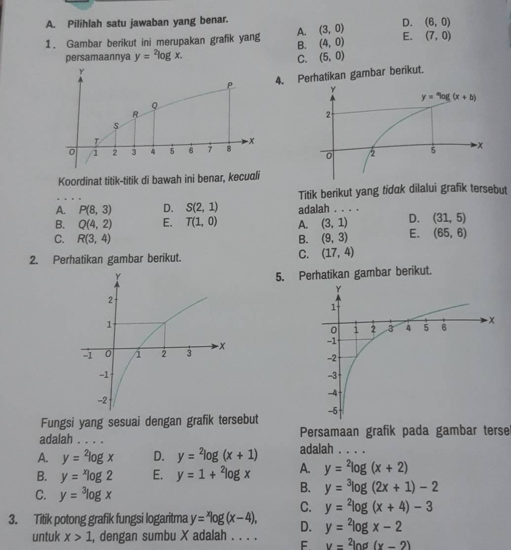 Pilihlah satu jawaban yang benar.
1. Gambar berikut ini merupakan grafik yang A. (3,0)
D. (6,0)
E.
B. (4,0) (7,0)
persamaannya y=^2log x. C. (5,0)
4. Perhatikan gambar berikut.
Koordinat titik-titik di bawah ini benar, kecuali
_
Titik berikut yang tidak dilalui grafik tersebut
A. P(8,3) D. S(2,1)
adalah . . . .
B. Q(4,2) E. T(1,0) A. (3,1)
D. (31,5)
C. R(3,4) B. (9,3)
E. (65,6)
2. Perhatikan gambar berikut.
C. (17,4)
5. Perhatikan gambar berikut.
Fungsi yang sesuai dengan grafik tersebut
adalah . . . . Persamaan grafik pada gambar terse
A. y=^2log x D. y=^2log (x+1) adalah . . . .
B. y=xlog 2 E. y=1+^2log x A. y=^2log (x+2)
C. y=^3log x
B. y=^3log (2x+1)-2
C. y=^2log (x+4)-3
3. Titik potong grafik fungsi logaritma y=^xlog (x-4), D. y=^2log x-2
untuk x>1 , dengan sumbu X adalah . . . .
F y=^2log (x-2)