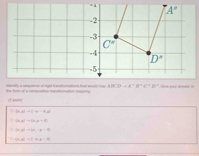 Identify a sequence of rigid transformations that would map ABCDto A^nB^nC^nD ". Give your answer in 73
the form of a composition transformation mapping.
(1 point)
(x,y)to (-x-4,y)
(x,y)to (x,y+4)
(x,y)to (x,-y-4)
(x,y)to (-x,y-4)