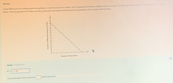 Queation 
Juliam filled up his ear with gas before enbarking on a road trip across the country. Let G repaesent the number of gallons of gas runaining in his gas tank after driving for I hoors. A groph of Gi chs 
below. Write an equation for G then state the y-intercept of the graph and determine its interprstation in the context of the problom. 
Anawer Abqt =
G=(t+15)
The y -intercopt of the function is □ which represents