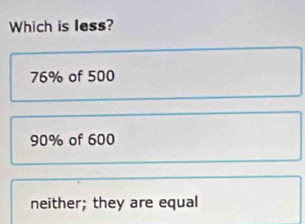 Which is less?
76% of 500
90% of 600
neither; they are equal