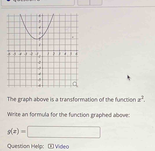 The graph above is a transformation of the function x^2. 
Write an formula for the function graphed above:
g(x)=□
Question Help: Video