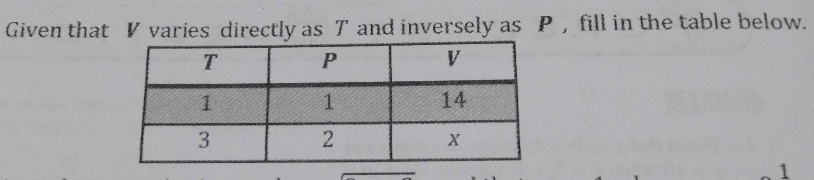 Given that V varies directly as T and inversely as P , fill in the table below. 
1