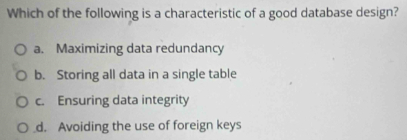 Which of the following is a characteristic of a good database design?
a. Maximizing data redundancy
b. Storing all data in a single table
c. Ensuring data integrity
d. Avoiding the use of foreign keys