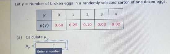 Let y= Number of broken eggs in a randomly selected carton of one dozen eggs.
(a) Calculate μ v°.
mu _y=□
Enter a number