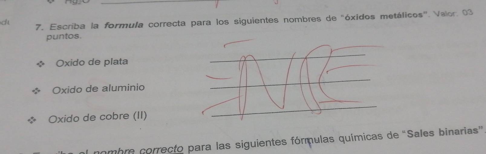 Escriba la formula correcta para los siguientes nombres de “óxidos metálicos”. Valor. 03
puntos.
Oxido de plata
Oxido de aluminio
Oxido de cobre (II)
ombre correcto para las siguientes fórmulas químicas de “Sales binarias”.