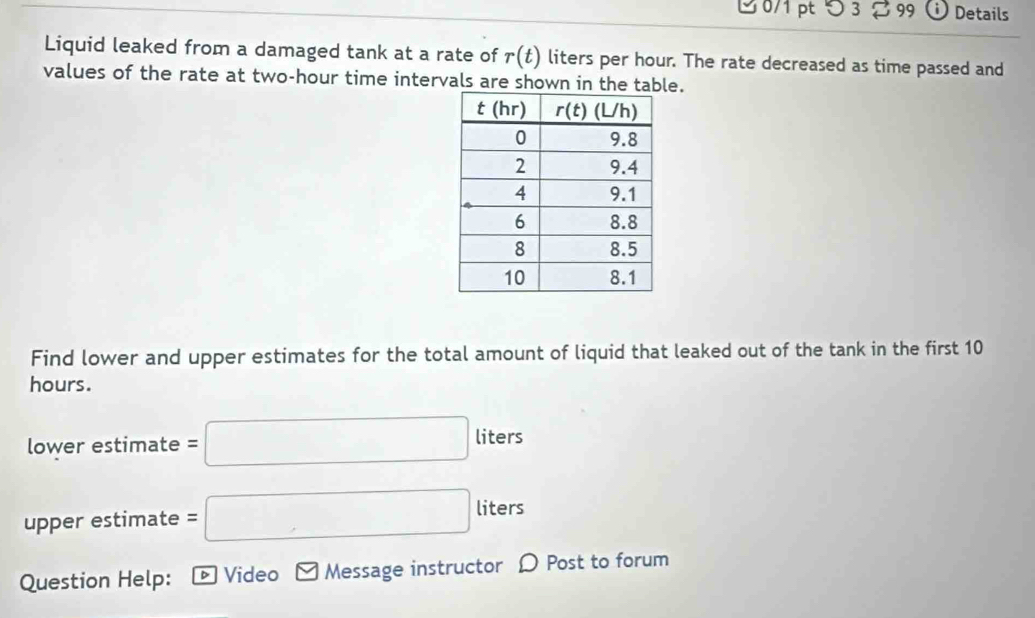 > 3 % 99 i Details
Liquid leaked from a damaged tank at a rate of r(t) liters per hour. The rate decreased as time passed and
values of the rate at two-hour time intervals are shown in the table.
Find lower and upper estimates for the total amount of liquid that leaked out of the tank in the first 10
hours.
lower estimate =□ liters
upper estimate =□ l liter C
Question Help: * Video V Message instructor Ω Post to forum