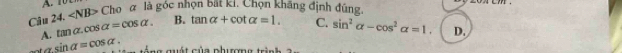 10
Câu 24.∠ NB> ^-ha đ là góc nhọn bắt kí. Chọn khãng định đúng.
A. tan alpha .cos alpha =cos alpha. B. tan alpha +cot alpha =1. C. sin^2alpha -cos^2alpha =1. D.
overline r sin alpha =cos alpha. g gu t ủ a phượn g i