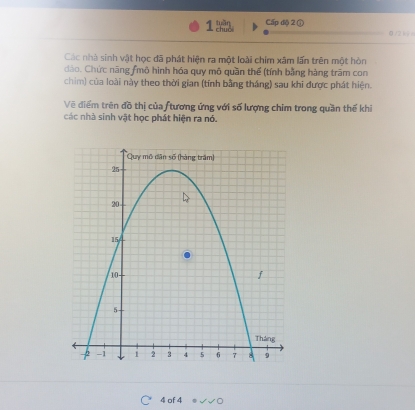 Cấp độ 2 ① 
0 /2 k 
Các nhà sinh vật học đã phát hiện ra một loài chim xâm lấn trên một hòn 
dào. Chức năng fmô hình hóa quy mô quần thể (tính bằng hàng trăm con 
chim) của loài này theo thời gian (tính bằng tháng) sau khi được phát hiện. 
Vẽ điểm trên đồ thị của ftương ứng với số lượng chim trong quần thế khi 
các nhà sinh vật học phát hiện ra nó. 
4 of 4