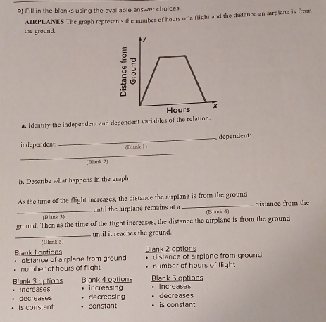 Fill in the blanks using the available answer choices.
the ground. AIRPLANES The graph represents the number of hours of a flight and the distance an airplane is from
a. Identify the independent and dependent variables of the relation.
_
dependent:
independent: (Blank Ⅱ)
_
(B|ank 2)
b. Describe what happens in the graph.
As the time of the flight increases, the distance the airplane is from the ground
_(Blank 3) until the airplane remains at a_
(Blank 4) distance from the
ground. Then as the time of the flight increases, the distance the airplane is from the ground
_(Blank 5) until it reaches the ground.
Blank 1 options Blank 2 options
distance of airplane from ground distance of airplane from ground
number of hours of flight number of hours of flight
Blank 3 options Blank 4 options Blank 5 options increases
increases increasing
decreases decreasing decreases
is constant constant is constant