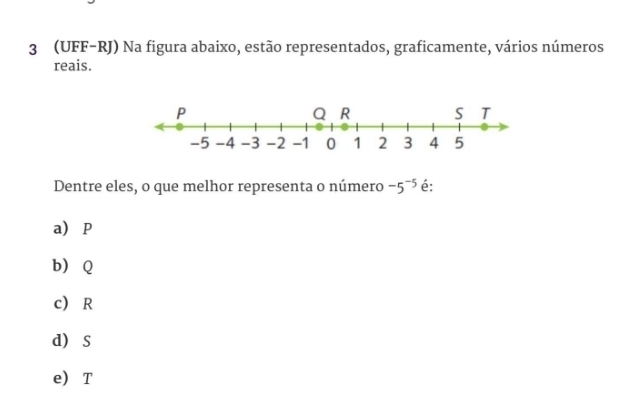 3 (UFF-RJ) Na figura abaixo, estão representados, graficamente, vários números
reais.
Dentre eles, o que melhor representa o número -5^(-5) é:
a P
b Q
c R
d S
e T