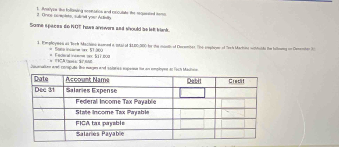 Analyze the following scenarios and calculate the requested items. 
2. Once complete, submit your Activity 
Some spaces do NOT have answers and should be left blank. 
1. Employees at Tech Machine earned a total of $100,000 for the month of December. The employer of Tech Machine withholds the following on December 31. 
e State income tax: $7,000
Federal income tax: $17,000
FICA taxes: $7,650
Journalize and compute the wages and salaries expense for an employee at Tech Machine