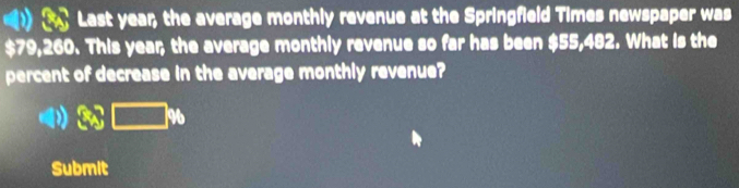 Last year, the average monthly revenue at the Springfield Times newspaper was
$79,260. This year; the average monthly revenue so far has been $55,482. What is the 
percent of decrease in the average monthly revenue?
□ %
Submit