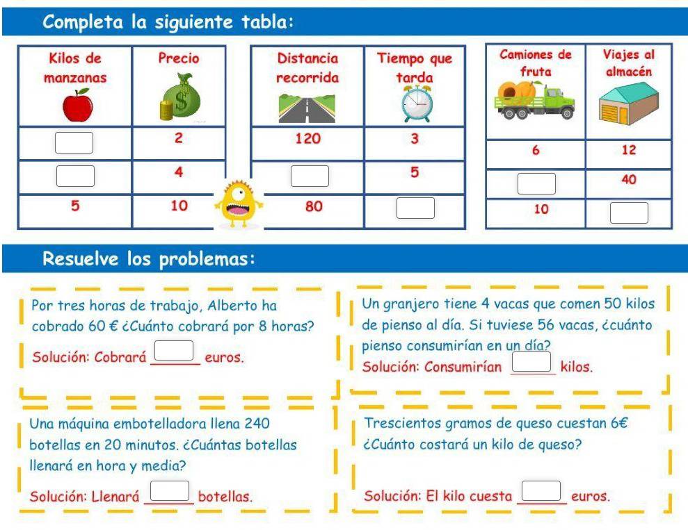 Completa la siguiente tabla:
Resuelve los problemas:
Por tres horas de trabajo, Alberto ha Un granjero tiene 4 vacas que comen 50 kilos
cobrado 60 € ¿Cuánto cobrará por 8 horas? de pienso al día. Si tuviese 56 vacas, ¿cuánto
pienso consumirían en un día?
Solución: Cobrará _ □  euros.
Solución: Consumirían _ □  kilos.
======
Una máquina embotelladora Ilena 240 Trescientos gramos de queso cuestan 6€
botellas en 20 minutos. ¿Cuántas botellas ¿Cuánto costará un kilo de queso?
llenará en hora y media?
Solución: Llenará _ □  botellas. Solución: El kilo cuesta □ euros.