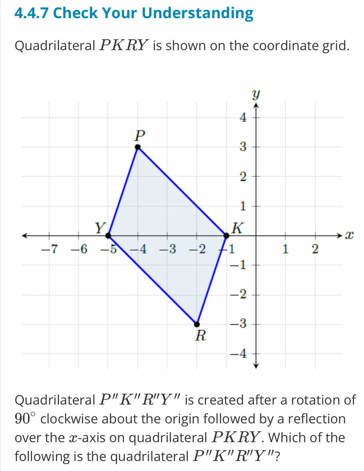 Check Your Understanding 
Quadrilateral PKRY is shown on the coordinate grid.
x
Quadrilateral P''K''R''Y'' is created after a rotation of
90° clockwise about the origin followed by a reflection 
over the x-axis on quadrilateral PKRY. Which of the 
following is the quadrilateral P''K''R''Y'' ?