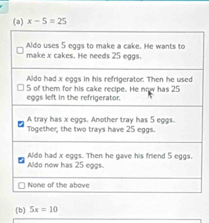 x-5=25
(b) 5x=10