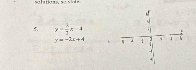 solutions, so state.
5. y= 2/3 x-4
y=-2x+4