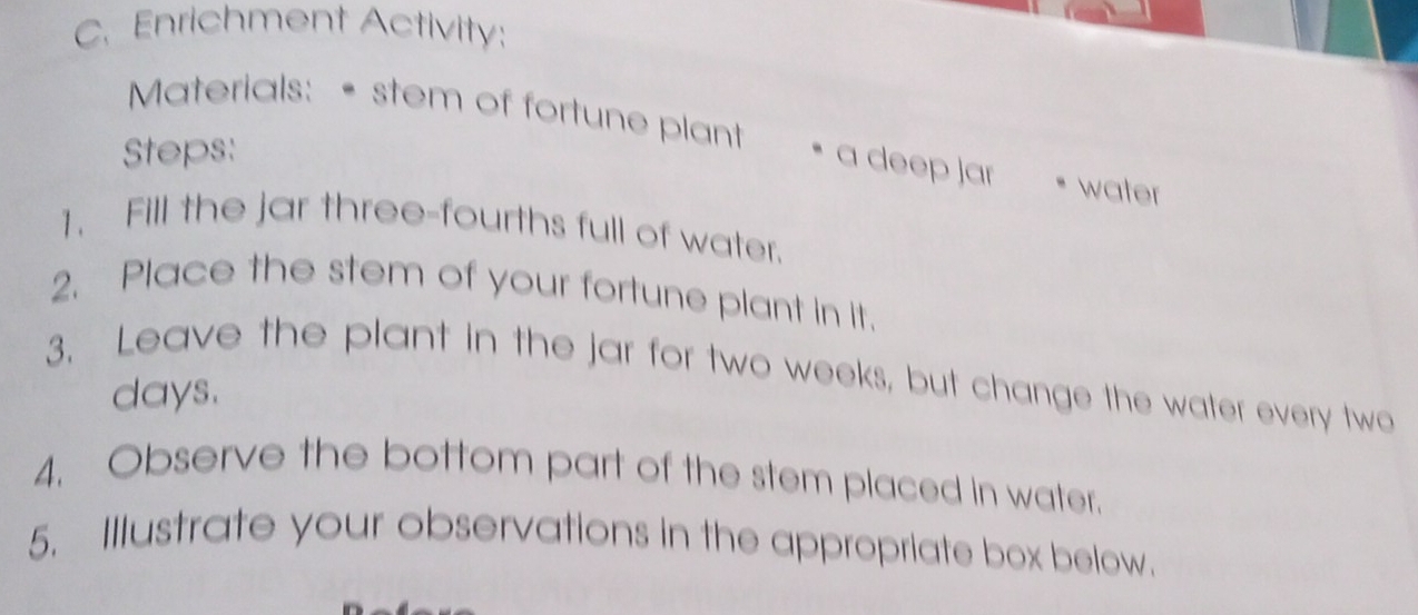 Enrichment Activity: 
Materials: • stem of fortune plant 
Steps: 
• a deep jar water 
1. Fill the jar three-fourths full of water. 
2. Place the stem of your fortune plant in it. 
3. Leave the plant in the jar for two weeks, but change the water every two
days. 
4. Observe the bottom part of the stem placed in water. 
5. Illustrate your observations in the appropriate box below.