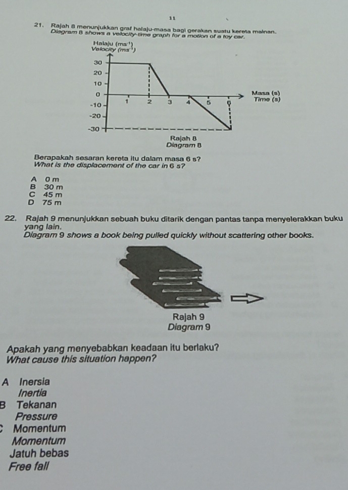 11
21. Rajah 8 menunjukkan graf halaju-masa bagi gerakan suatu kereta mainan.
Diagram 8 shows a velocity-time graph for a motion of a toy car.
Berapakah sesaran kereta itu dalam masa 6 s?
What is the displacement of the car in 6 s?
A 0 m
B 30 m
C 45 m
D 75 m
22. Rajah 9 menunjukkan sebuah buku ditarik dengan pantas tanpa menyelerakkan buku
yang lain.
Diagram 9 shows a book being pulled quickly without scattering other books.
Apakah yang menyebabkan keadaan itu berlaku?
What cause this situation happen?
A Inersia
Inertia
B Tekanan
Pressure
Momentum
Momentum
Jatuh bebas
Free fall