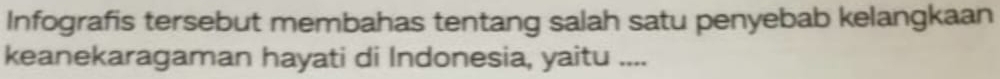 Infografis tersebut membahas tentang salah satu penyebab kelangkaan 
keanekaragaman hayati di Indonesia, yaitu ....