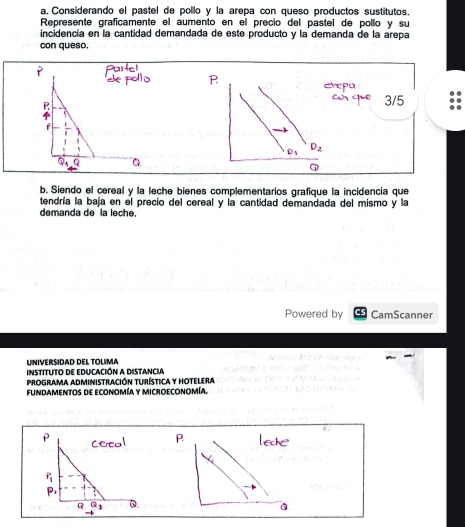 a, Considerando el pastel de pollo y la arepa con queso productos sustitutos.
Represente graficamente el aumento en el precio del pastel de pollo y su
incidencía en la cantidad demandada de este producto y la demanda de la arepa
con queso,
P
R
Crepa
9ª 3/5
D_1 D_2
b. Siendo el cereal y la leche bienes complementarios grafique la incidencia que
tendría la baja en el precio del cereal y la cantidad demandada del mismo y la
demanda de la leche.
Powered by CamScanner
UNIVERSIDAD DEL TOLIMA
Instituto de educación a Distancia
programa administración turística y hotelera
fundamentos de economía y microeconomía.
P