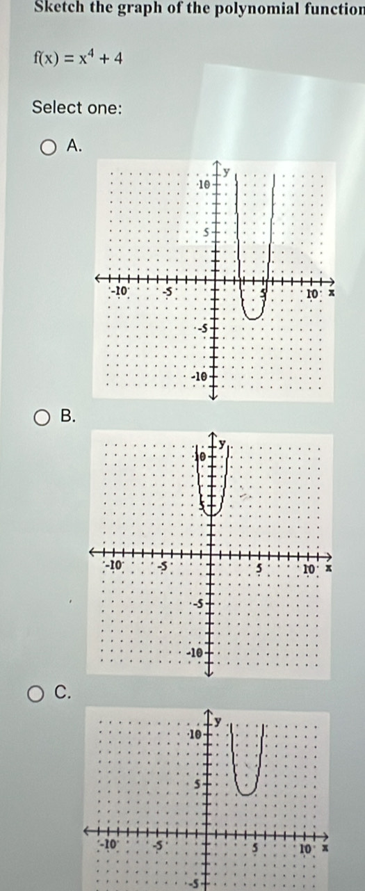 Sketch the graph of the polynomial functior
f(x)=x^4+4
Select one: 
A. 
B. 
C. 
· -5