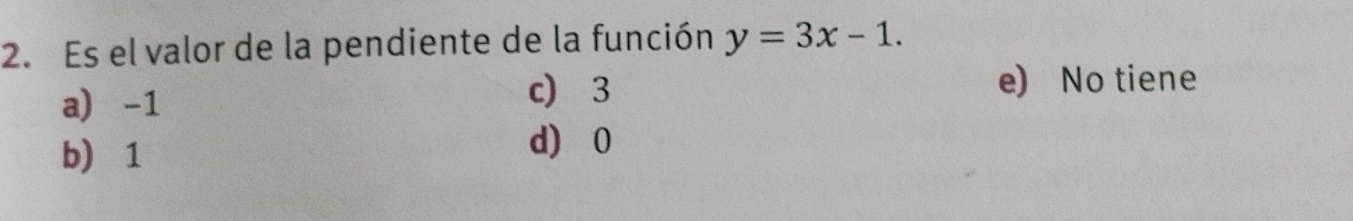 Es el valor de la pendiente de la función y=3x-1.
a) -1
c) 3 e) No tiene
b 1 d) 0