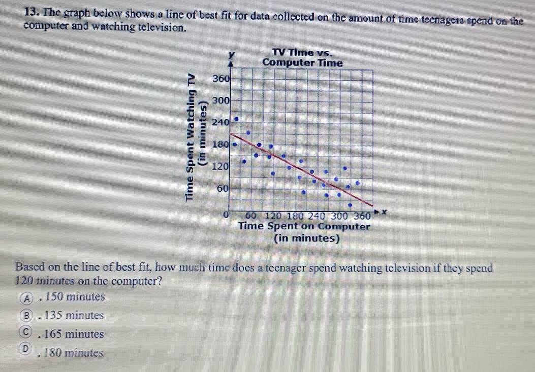 The graph below shows a line of best fit for data collected on the amount of time teenagers spend on the
computer and watching television.
; ξ
mputer
(in minutes)
Based on the line of best fit, how much time does a tecnager spend watching television if they spend
120 minutes on the computer?
A . 150 minutes
⑧ . 135 minutes
©. 165 minutes
0 180 minutes