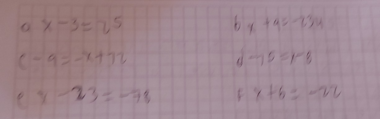 x-3=25
b x+9=-23x
c-9=-x+72
75=1-8
x-23=-78
x+6=-22