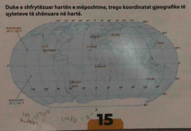 Duke e shfrytëzuar hartën e mëposhtme, trego koordinatat gjeografike të
qyteteve të shënuara në hartë.