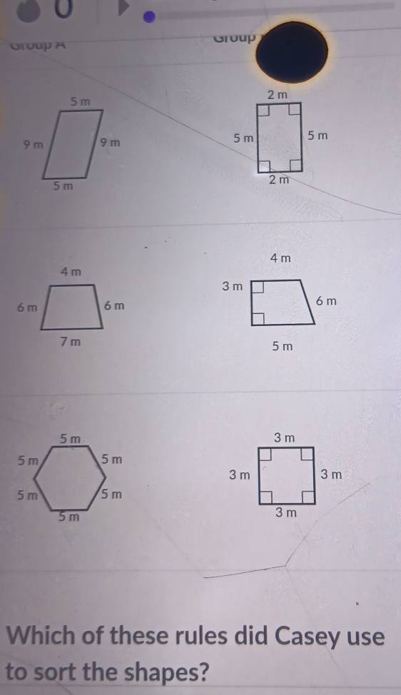 Group 
Group A 




Which of these rules did Casey use 
to sort the shapes?