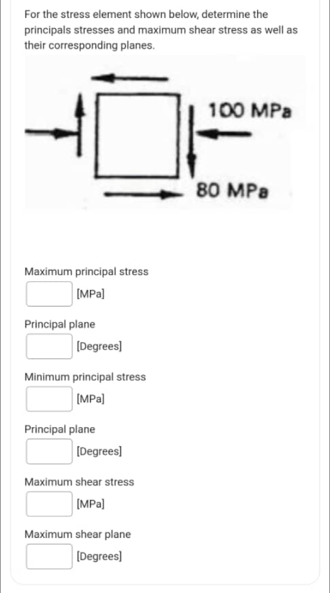 For the stress element shown below, determine the
principals stresses and maximum shear stress as well as
their corresponding planes.
Maximum principal stress
[MPa]
Principal plane
[Degrees]
Minimum principal stress
[MPa]
Principal plane
[Degrees]
Maximum shear stress
[MPa]
Maximum shear plane
[Degrees]