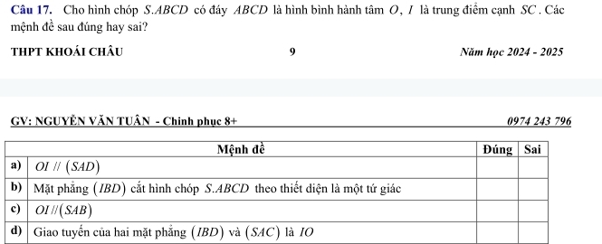 Cho hình chóp S.ABCD có đáy ABCD là hình bình hành tâm O, I là trung điểm cạnh SC . Các
mệnh đề sau đúng hay sai?
tHPT khOái chÂu 9 Năm học 2 024-2025
GV: NGUYÊN VăN TUÂN - Chinh phục 8+ 0974 243 796