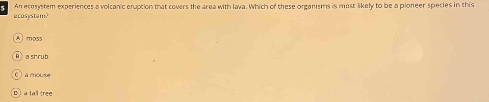 An ecosystem experiences a volcanic eruption that covers the area with lava. Which of these organisms is most likely to be a pioneer species in this
ecosystem?
A moss
Ba shrub
c ) a mouse
Da tall tree