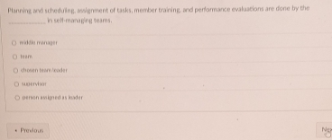 Planning and scheduling, assignment of tasks, member training, and performance evaluations are done by the
_in self-managing teams.
widdle menager
team
chosen team leader
supervi so r
person assigned as loader 
Previous
Nex