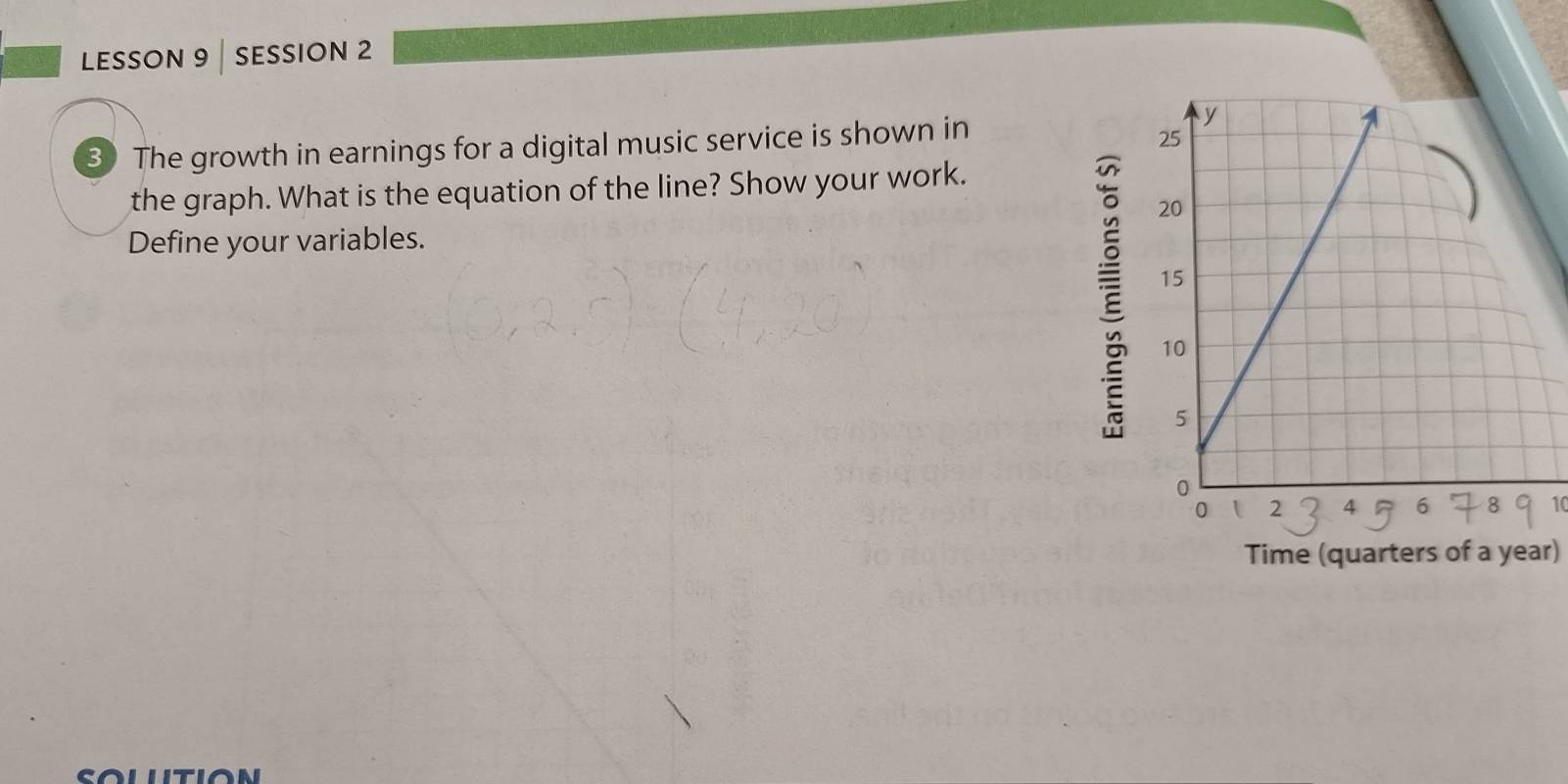 LEssOn 9 | session 2 
3) The growth in earnings for a digital music service is shown in 
the graph. What is the equation of the line? Show your work. 
Define your variables. 
Time (quarters of a year)