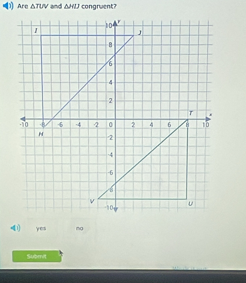 Are △ TUV and △ HIJ congruent?
yes no
Submit