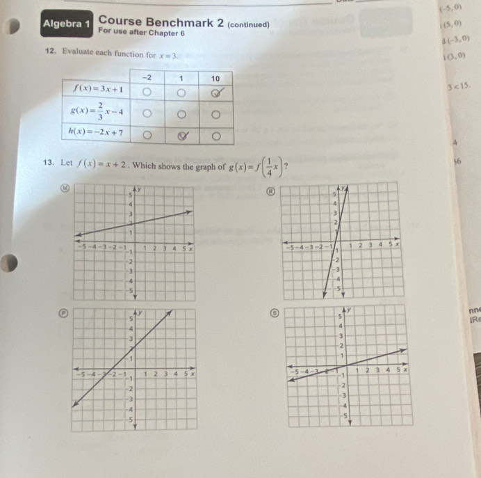 (-5,0)
Course Benchmark 2 (continued)
(5,0)
Algebra 1 For use after Chapter 6
d(-3,0)
12. Evaluate each function for x=3.
I(3,0)
3<15.
4
13. Let f(x)=x+2. Which shows the graph of g(x)=f( 1/4 x) ?
36
 
o
nn
S
IR