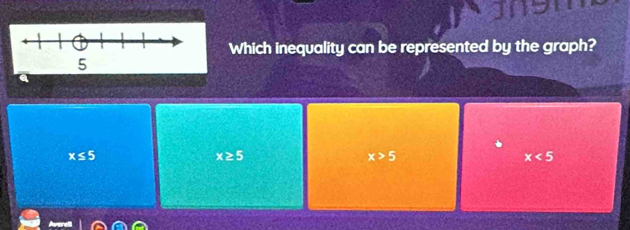 Which inequality can be represented by the graph?
x≤ 5
x≥ 5
x>5
x<5</tex>