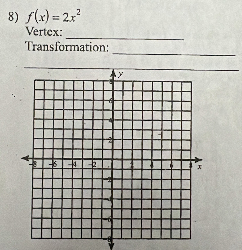 f(x)=2x^2
_ 
Vertex: 
_ 
Transformation: