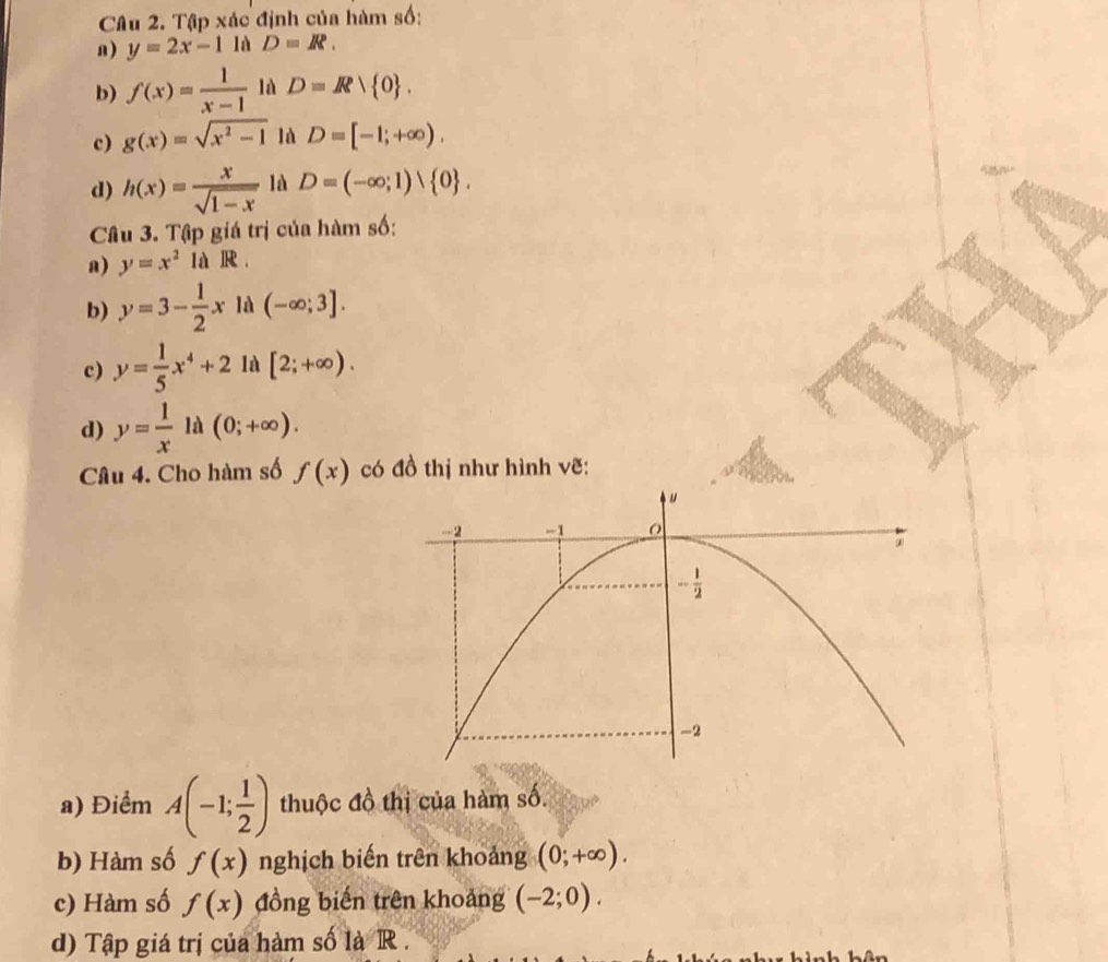 Tập xác định của hàm số:
a) y=2x-1 là D=R.
b) f(x)= 1/x-1  là D=R> 0 .
c) g(x)=sqrt(x^2-1) là D=[-1;+∈fty ).
d) h(x)= x/sqrt(1-x)  là D=(-∈fty ;1) 0 .
Câu 3. Tập giá trị của hàm số:
a) y=x^2 là R.
b) y=3- 1/2 x là (-∈fty ;3].
c) y= 1/5 x^4+2 là [2;+∈fty ).
d) y= 1/x  là (0;+∈fty ).
Câu 4. Cho hàm số f(x) có đồ thị như hình vẽ:
a) Điểm A(-1; 1/2 ) thuộc đồ thị của hàm số.
b) Hàm số f(x) nghịch biến trên khoảng (0;+∈fty ).
c) Hàm số f(x) đồng biến trên khoảng (-2;0).
d) Tập giá trị của hàm số là R .