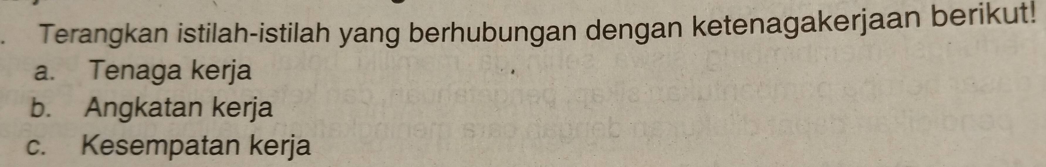 Terangkan istilah-istilah yang berhubungan dengan ketenagakerjaan berikut! 
a. Tenaga kerja 
b. Angkatan kerja 
c. Kesempatan kerja