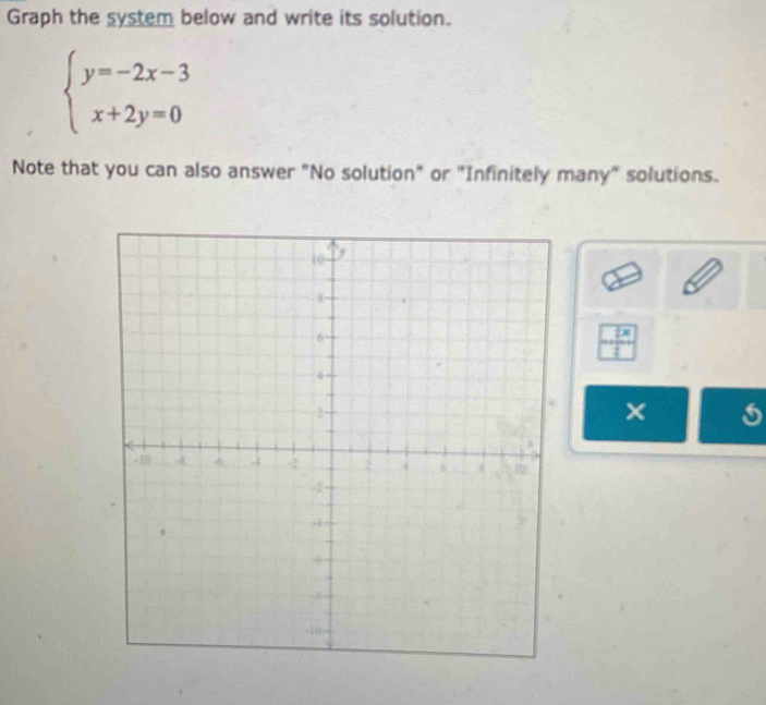 Graph the system below and write its solution.
beginarrayl y=-2x-3 x+2y=0endarray.
Note that you can also answer "No solution" or "Infinitely many" solutions.
 1x/1 
× 5